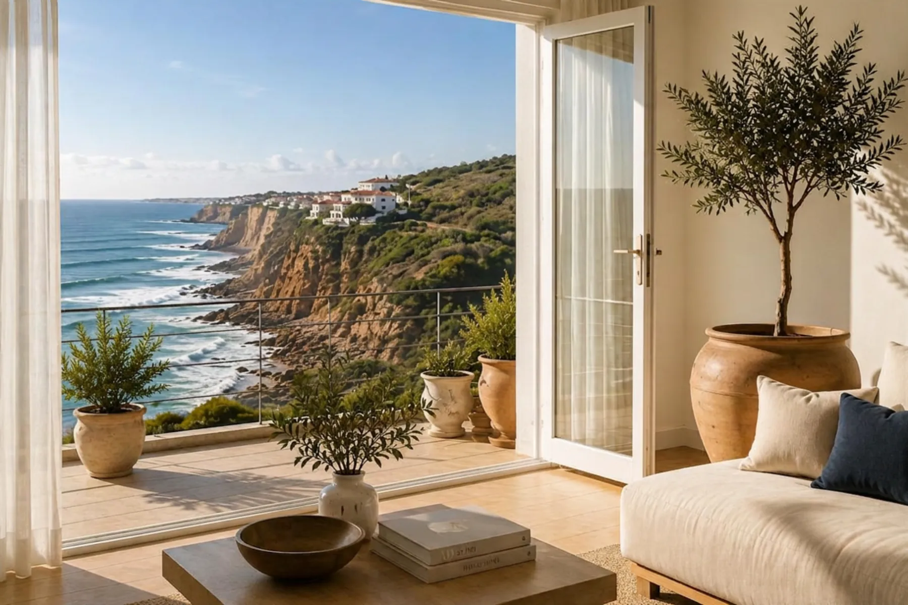 Sala aberta para um terraço com vista sobre a costa
