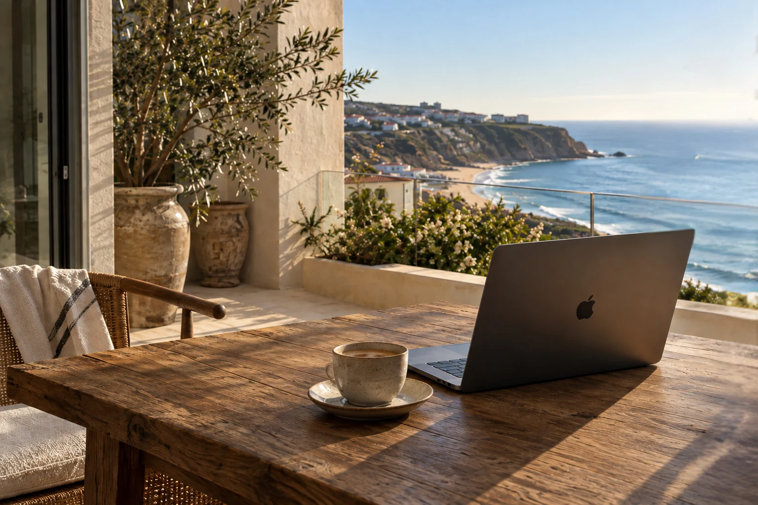 Chávena de café e computador numa mesa com vista para o mar