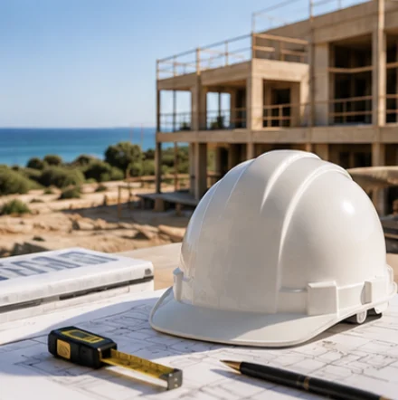 Capacete de proteção e ferramentas numa obra junto ao mar