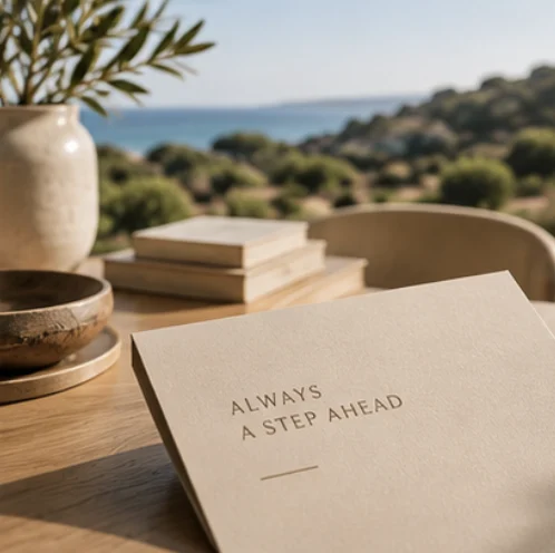 Caderno sobre uma mesa num espaço com vista para a paisagem