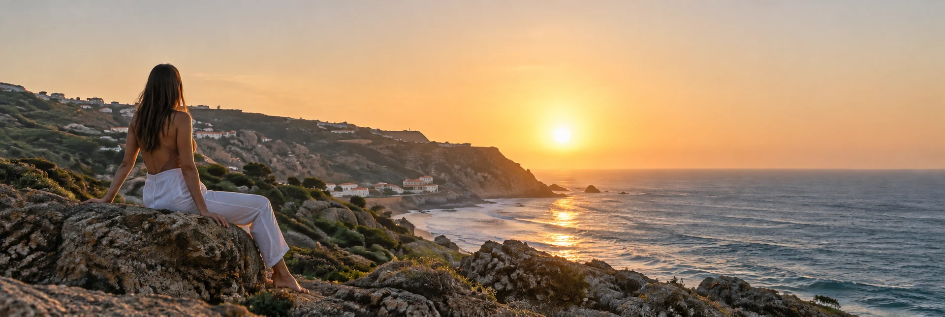 Mulher sentada nas rochas a contemplar o pôr do sol sobre o mar