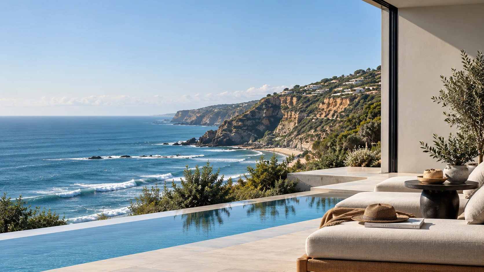 Terraço e piscina com vista para a costa