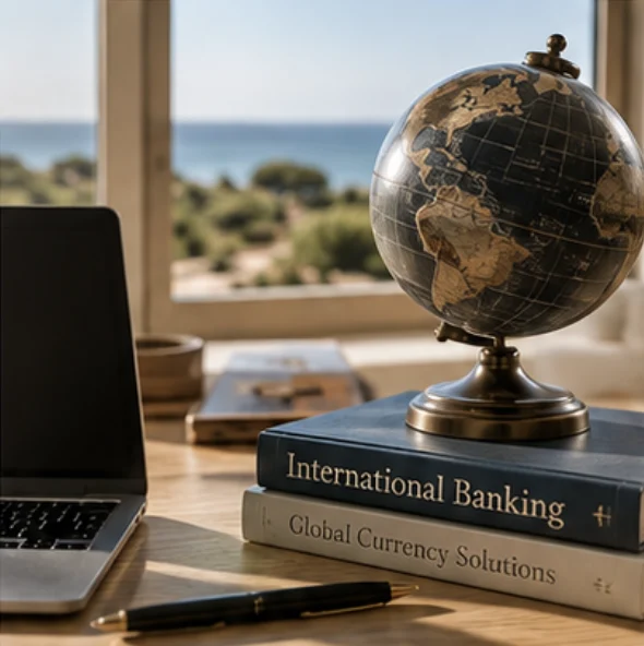 Globo e livros sobre operações financeiras internacionais numa mesa